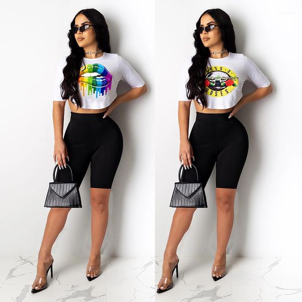 

womens summer designer tracksuits lips tongue printed cute short set womens summer suits short sleeve round neck casual 2pcs, White