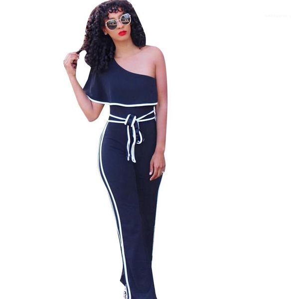 

clothes women jumpsuits one shoulder regular bodysuit casual short sleeve jumpsuits with sashed women designer, Black;white
