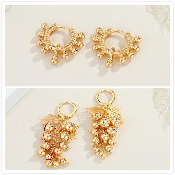 

hoop & huggie 1pair fashion tassel copper beads hollow round earring for women cute small leaf earrings party jewelry gift, Golden;silver
