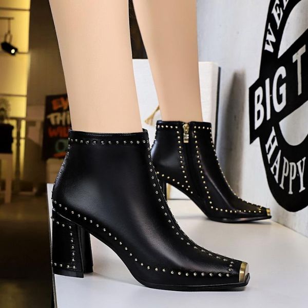 

ltarta chunky heel high heel nightclub rock women's boots knight boots metal square head riveted short ds-6863, Black