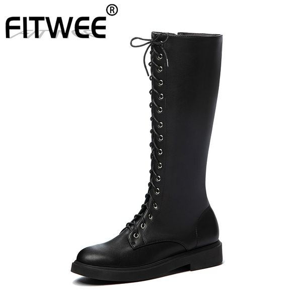 

fitwee size 32-44 woman long boots zipper flat heel winter women knee high boots fashion cool winter shoes woman daily footwear, Black