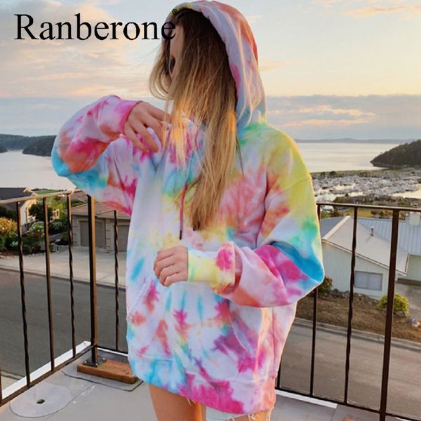 

ranberone толстовка женщина мода tie dye толстовка толстовка крупногабаритное drawstring длинные рукава зимняя уличная одежда женщины 2020, White;black