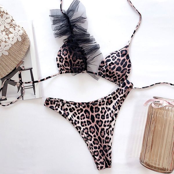 

2020 ruffled leopard bikini female swimsuit women brazilian swimwear two-pieces bikini set halter bather bathing suit swim