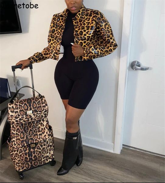

tsuretobe leopard print leather jacket women fall 2020 women coats fall clothes for pu leather jacket club outerwear, Black