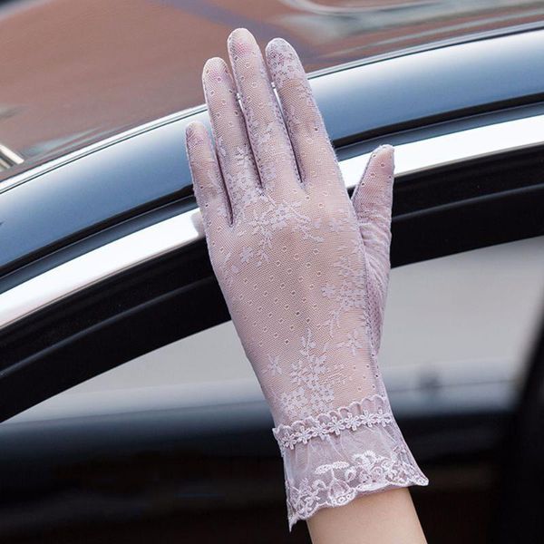 

white summer solid color lace sunscreen gloves women thin gloves sun protection mitten sunscreen elegant fashion holiday, Blue;gray