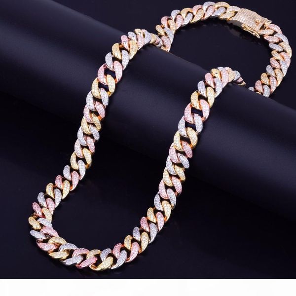 

12mm 16-28inch iced out mixed colors cuban chain necklace hip hop jewelry copper material cz clasp men necklace, Silver