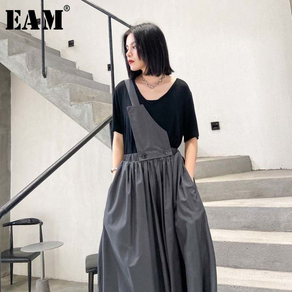 

eam] pleated wide leg pants two pieces suit new round neck half sleeve black loose women fashion tide spring summer 2020 1w215, Gray