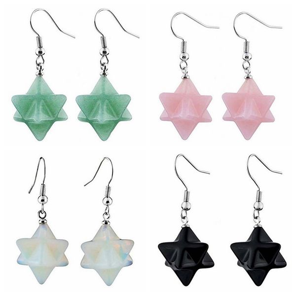

bohemian natural gem stone merkabah star drop earrings for girl opal pink crystal polyhedral reiki eardrop dangle earrings women, Silver