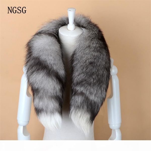 

ngsg real fox fur scarf women men striped winter warm 80-90cm long tail scarf fashion luxury collar scarves wraps female w001 c18110101, Blue;gray