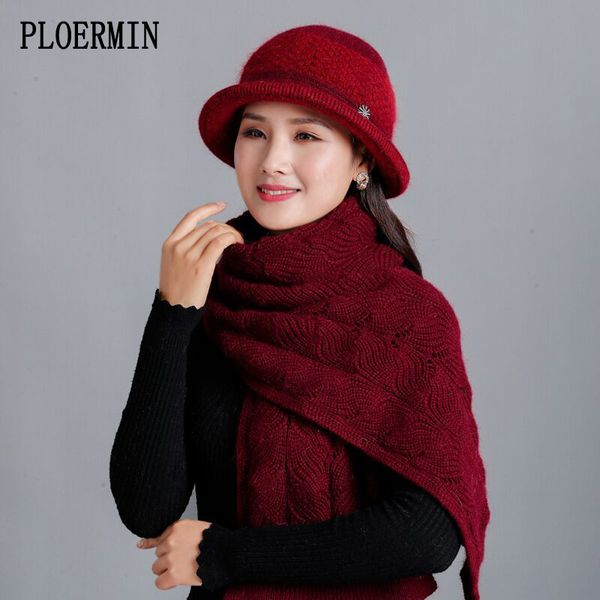 

ladies elegant winter cap scarf set wool mixed fur warm basin cap for women middle age female bucket fedoras hats, Blue;gray