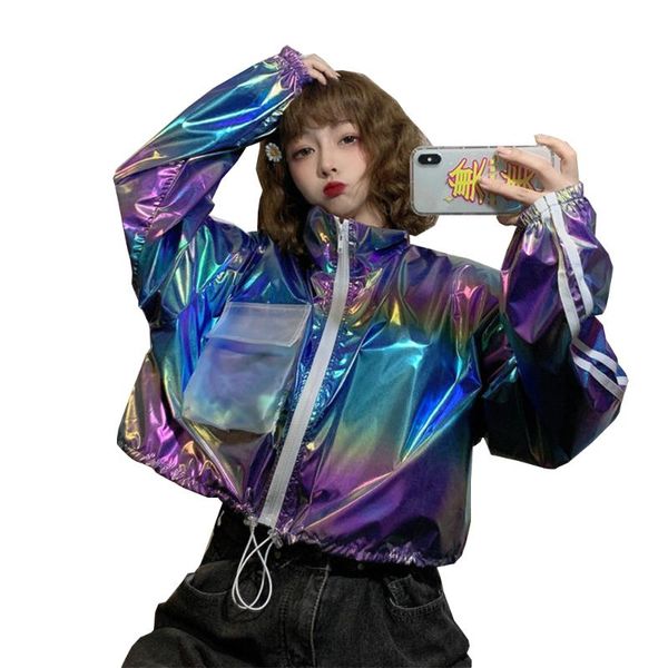 

women's jackets harajuku womens laser color bomber jacket windbreaker pocket oversize basic cropped long sleeve coat holographic clothe, Black;brown