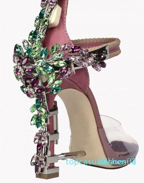

summer luxury strange heel crystal designer shoes woman pvc high heel sandals 2019 padlock ankle strap rhinestone sandals t04, Black
