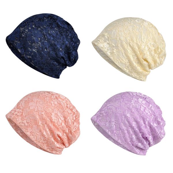 

women thin lace beanie cap neck scarf wrap multi-use hollow breathable baggy hat hatrx0026, Blue;gray