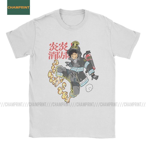 

vintage fire fighter fire force t-shirts for men cotton t shirt shinra anime enen no shouboutai japan manga short sleeve tees