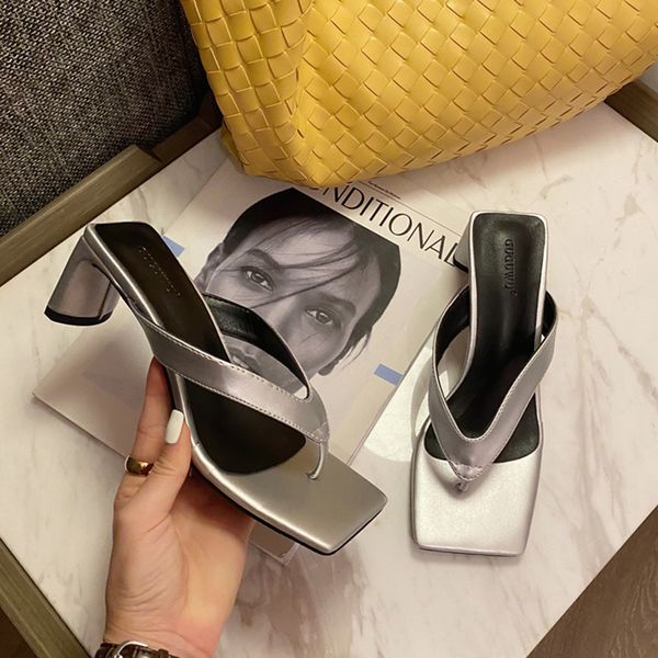 

2020 new chunky flip flops slides women orange high heels mules summer sandals block low heels slippers prom stripper girl shoes, Black