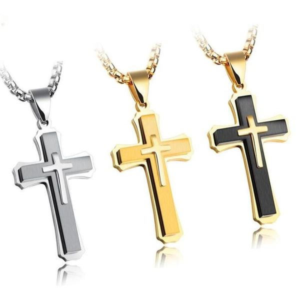 

hip hop vintage fashion jewelry titanium steel 3 rows cross pendant christianity lucky women men party necklace with chain gift, Silver