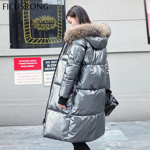 

ficusrong causal glossy silver down jackets winter women's long fur collar hooded coat parkas thick jacket women outwear t200814, Black