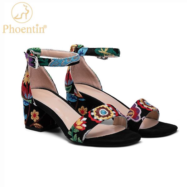 

phoentin flower summer shoes for women 2020 embroidery sandals of heels woman ankle buckle strappy shoes size 43 peep toe ft1085, Black