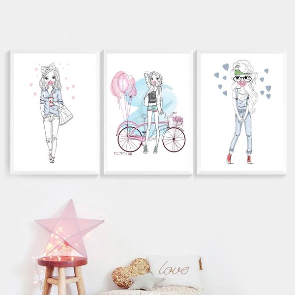 

cartoon fashion bubble girl bike balloon wall art canvas painting nordic posters and prints wall pictures for kids room decor