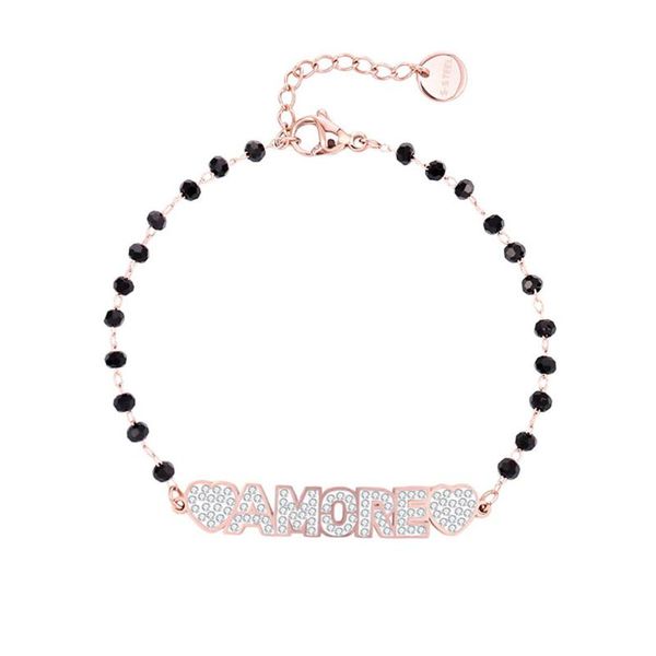 

new design amore letters bracelets gold silver color crystal heart pendant black bead chain charms bracelet for woman jewelry, Golden;silver