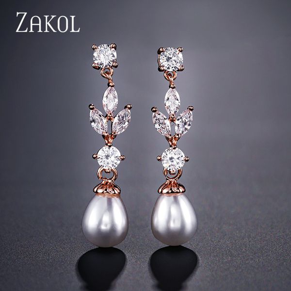 

zakol fashion marquise cut cubic zircon dangle earrings for women imitation pearl leaf wedding jewelry factory price fsep2179, Silver