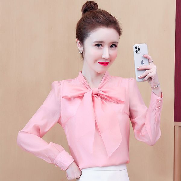 

2020 autumn fashion women and blouse hollow out long sleeve plain chiffon shirts office lady lac-up bow neck clothes blusas, White