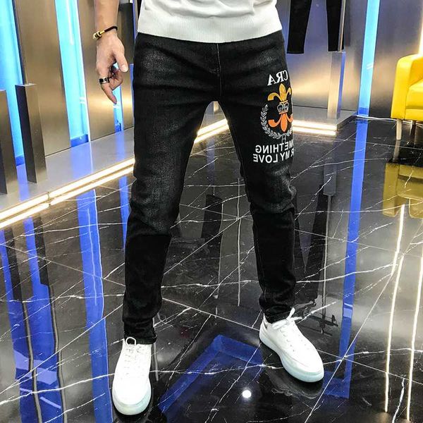 

men's jeans autumn 2021 trend fashion versatile personality wheat ear drill side letter offset slim and handsome elastic, Blue