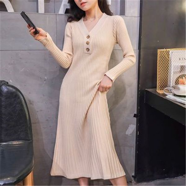 

autumn winter knitted sweater dress slim women's long dress v-neck oversized ladies knit dresses elegant female sweater vestido, White;black