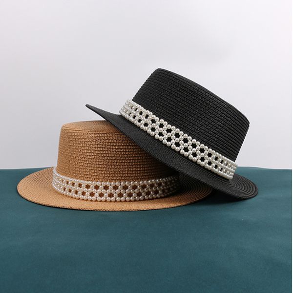 

2020 new british summer pearl sun hat fashion female flat straw hat sunscreen outdoor sun protection beach, Blue;gray