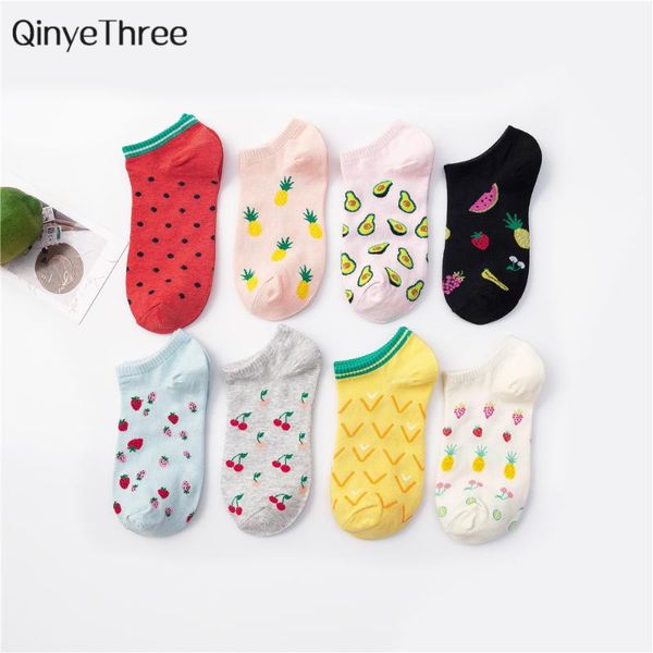 

new cute art fresh happy fruit party boat socks comfortable strawberry cherry avocado pineapple watermelon cotton socks dropship, Black;white