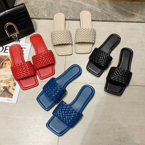 

women's flat slippers plaited fashion square toe woman shoes lattice ladies slides casual comfort open toe female mules summer, Black