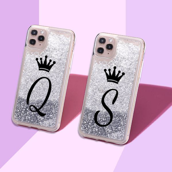 

custom initials name a to z crown sparkle liquid real glitter phone case cover for iphone 11 x xs xr max pro 7 8 7plus 8plus 6