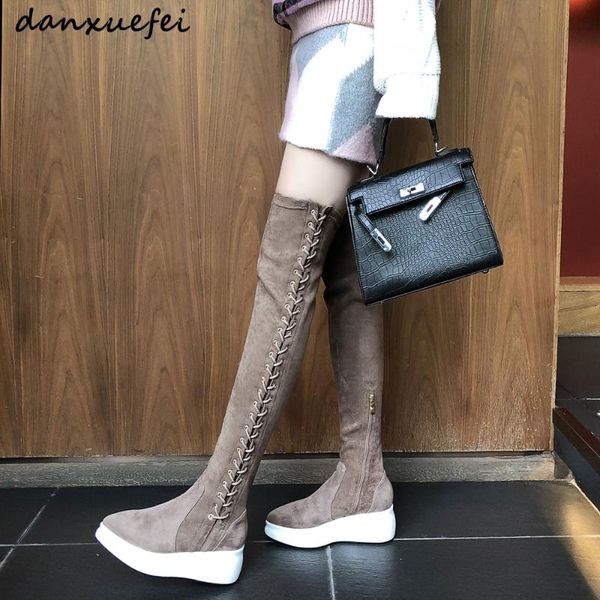 

lace up over knee boots women rome style boots women flats shoes woman suede long botas winter thigh high ssale, Black