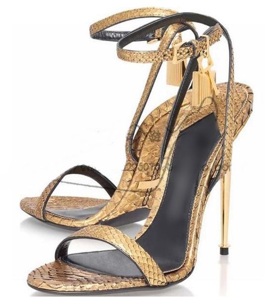 

2021 snake print leather ladies gladiator sandals ankle strap python gold lock women metal decor high heels wedding shoes, Black