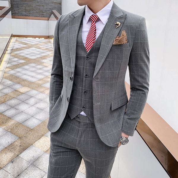 

mens business slim plaid suits mens formal wedding dress 3 piece suit blazer coat trousers waistcoat jacket + pant + vest set, White;black