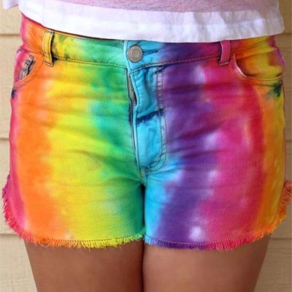 

women's jeans rainbow colorful ripped burr straight slim shorts, Blue