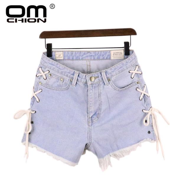 

omchion summer women denim shorts 2020 new blue ripped short jeans femme tassel lace up bandage ants lnz28