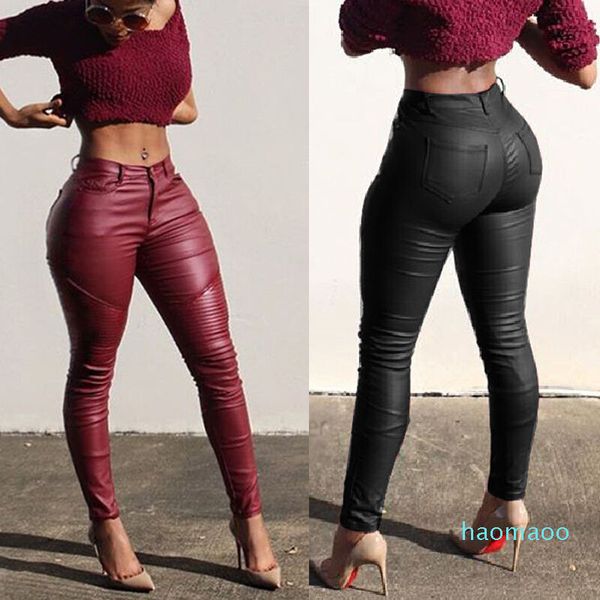 Heißer Verkauf-Sexy Damen-Leder-dünne Leggings mit mittlerer Taille, dehnbare Bleistifthosen, solide lange Hosen aus PU-Leder