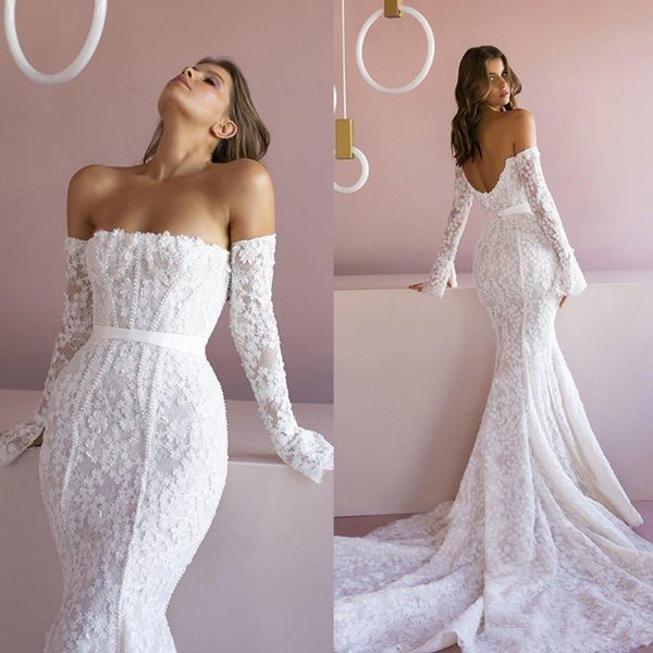

pallas couture mermaid 2020 wedding dresses lace appliqued off the shoulder long sleeve beads bridal gowns sweep train wedding dress, White