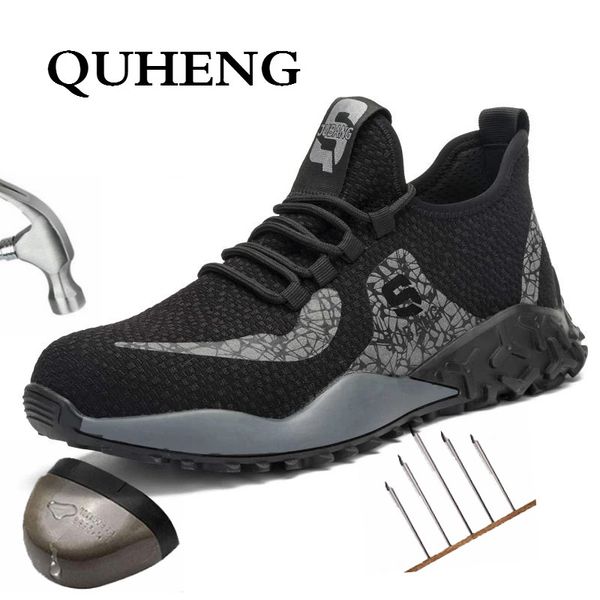 

quheng anti smashing breathable work shoes men's steel toe protective wear-resisting men puncture proof safety shoes sneakers, Black