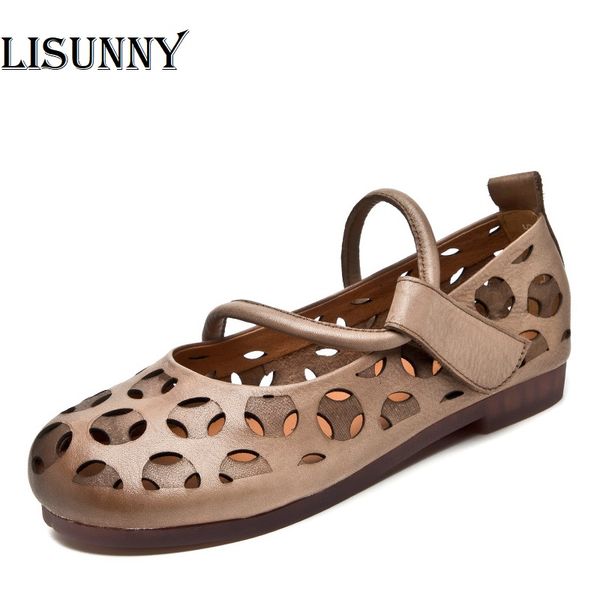

lisunny 2020 summer shoes woman flats new genuine leather hollow breathable casual flat shoes comfortable women, Black