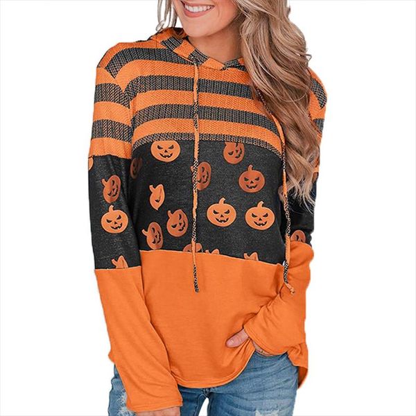 

new arrival orange women sweatshirt halloween pumpkin print long sleeve tie collar casual pullover hoodies for lady, Black
