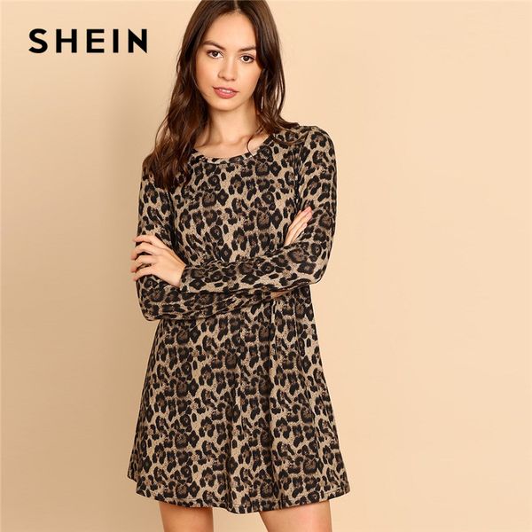 

shein multicolor leopard print a line mini dress women casual highstreet long sleeve round neck autumn minimalist dresses, Black;gray