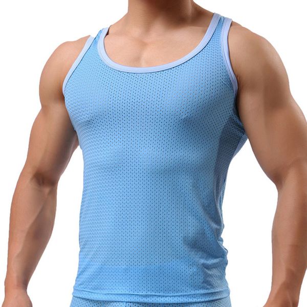 Herren Mesh Tank Top Casual Weste Enge ärmellose T-Shirts Hemd Singlet Atmungsaktive Homme Bodybuilding Homewear Nacht Nachtwäsche MX200815