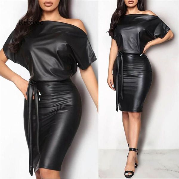 Schlanke Kleider Schwarz Asymmetrisch Sexy Kunstleder Figurbetontes Kleid Damen Sommer Kurzarm Knielanges Kleid