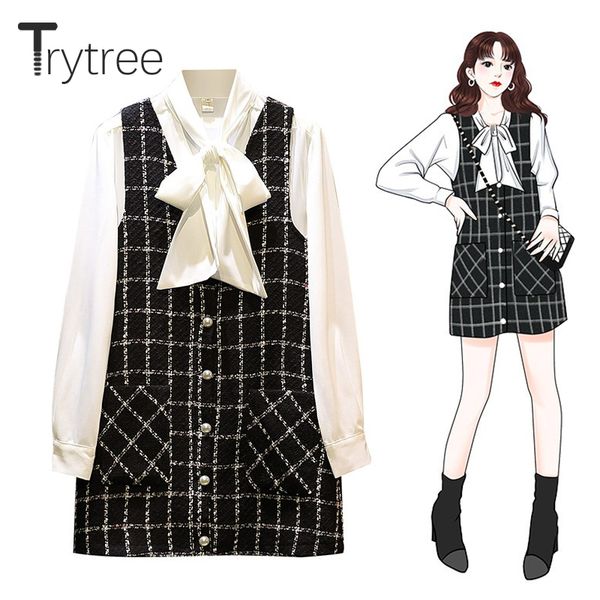 

trytree autumn women two piece set single breasted casual bow blouse + dress mini plaid kintted pockets office lady 2 piece set, Gray