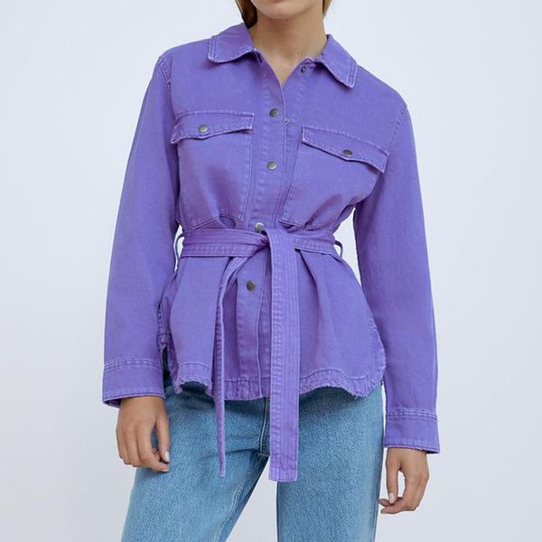 

agong turn down collar jackets women fashion tie belt waist purple coats women elegant pockets denim jackets female ladies gy, Black;brown
