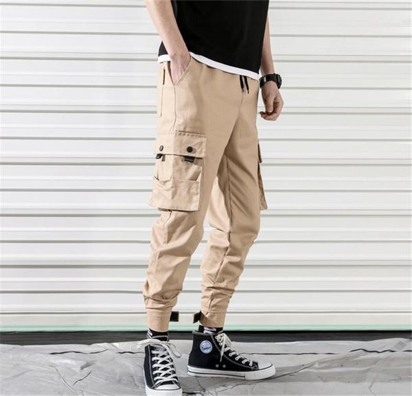 

drawstring cargo pants mens regular straight pure color mid capris pants mens pocket patchwork pants fashion, Black