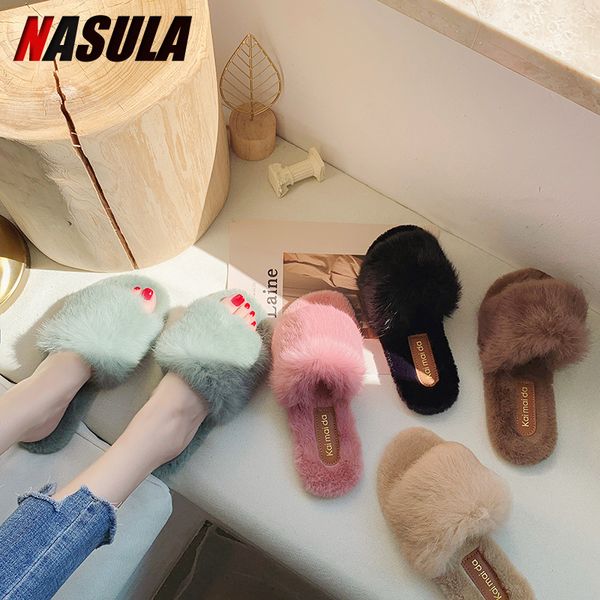 

faux fur women slippers shoes furry home slides for woman house slides sweet ladies indoor flip flops fluffy lady women shoes, Black