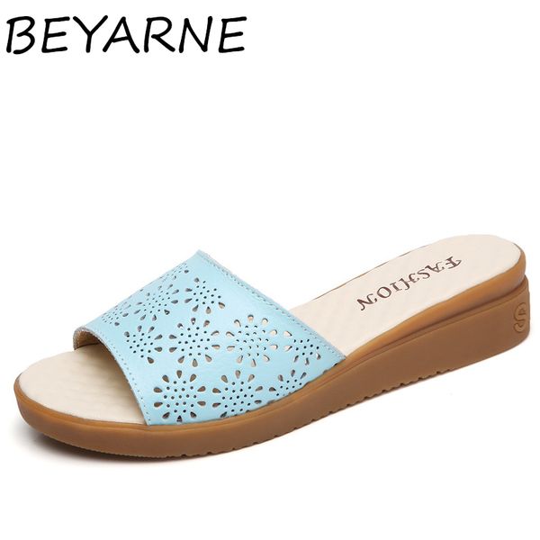 

beyarne summer flat cow leather women slides non-slip tendon low ladies slippers solid hollow one button mothers sandals, Black